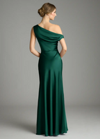 Sophisticated Satin One-Shoulder Draped Back Ruched Waist High Slit Floor-Length Bridesmaid Dress