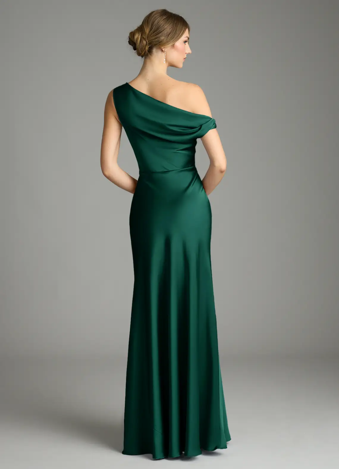 Sophisticated Satin One-Shoulder Draped Back Ruched Waist High Slit Floor-Length Bridesmaid Dress