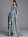 Sheath Long Sleeve V Neck Overskirt Floor-Length Mother Of The Bride Dress
