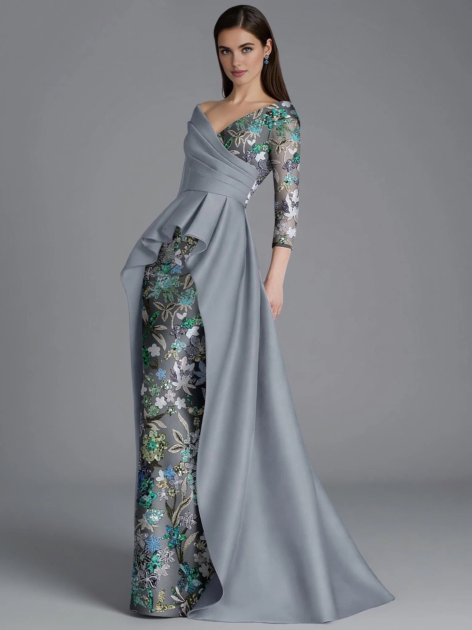 Sheath Long Sleeve V Neck Overskirt Floor-Length Mother Of The Bride Dress