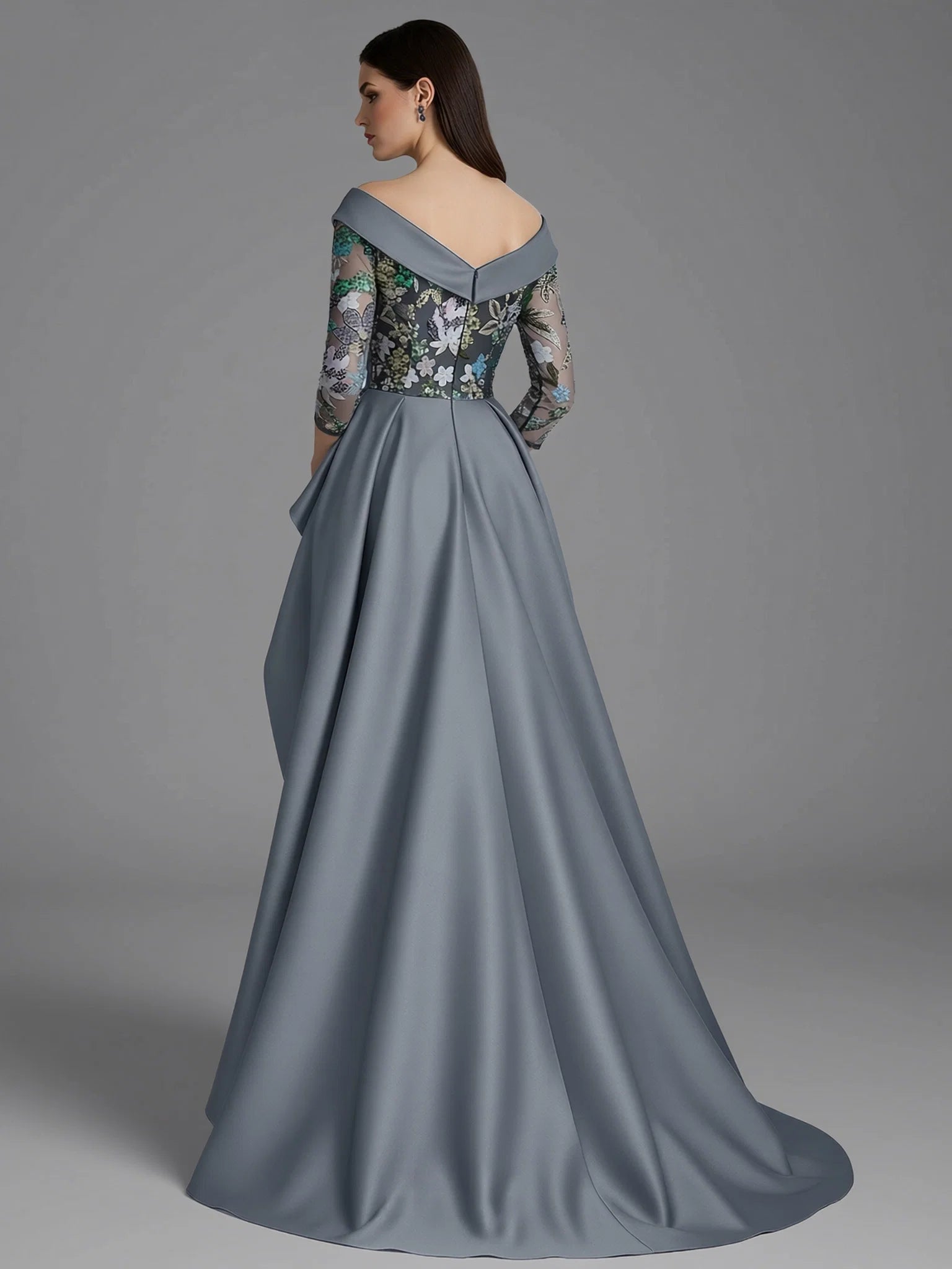 Sheath Long Sleeve V Neck Overskirt Floor-Length Mother Of The Bride Dress