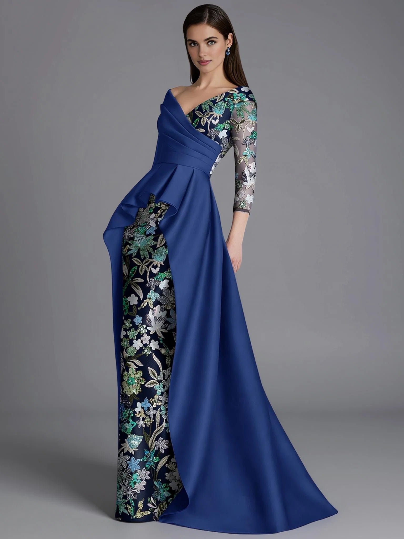 Sheath Long Sleeve V Neck Overskirt Floor-Length Mother Of The Bride Dress