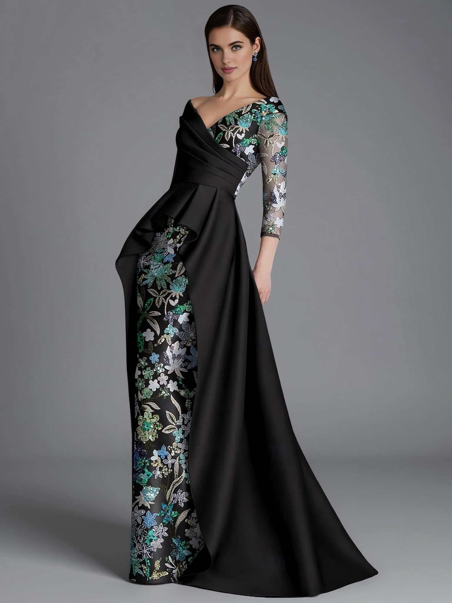 Sheath Long Sleeve V Neck Overskirt Floor-Length Mother Of The Bride Dress