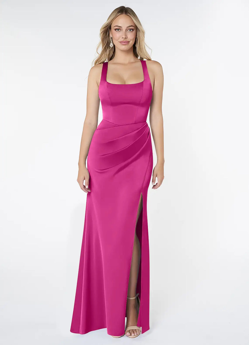 Sophisticated Square Neck Ruched Waist Open Back High Slit Floor-Length Bridesmaid Dresses