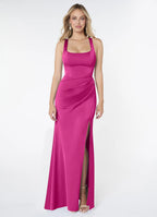 Sophisticated Square Neck Ruched Waist Open Back High Slit Floor-Length Bridesmaid Dresses
