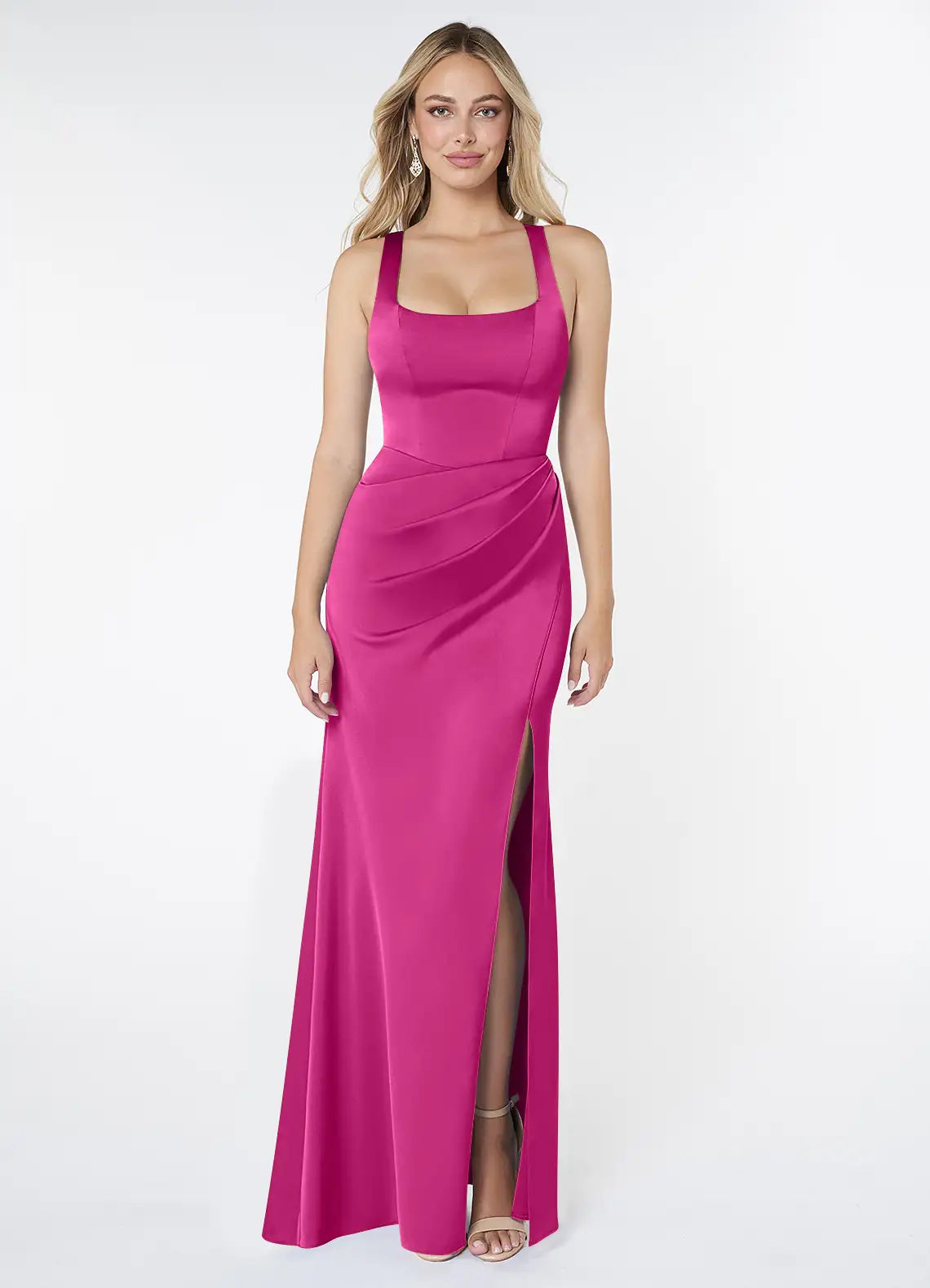 Sophisticated Square Neck Ruched Waist Open Back High Slit Floor-Length Bridesmaid Dresses