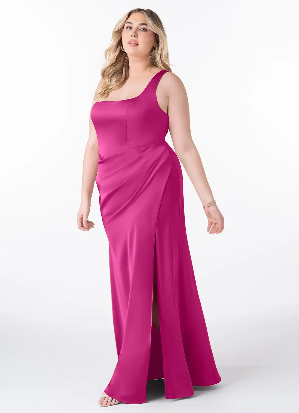 Sophisticated Square Neck Ruched Waist Open Back High Slit Floor-Length Bridesmaid Dresses