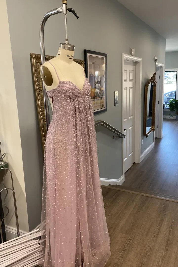 Sequin Empire-Waist A-Line Sweetheart Spaghetti-Strap Low-Back Floor-Length Prom Dress