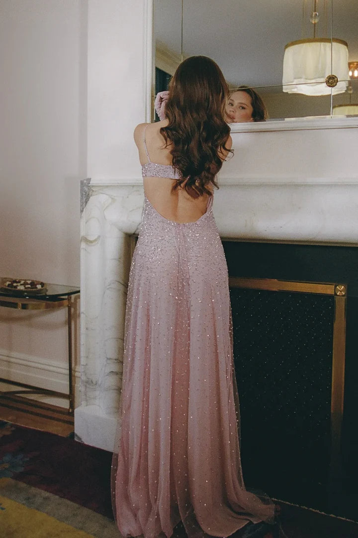 Sequin Empire-Waist A-Line Sweetheart Spaghetti-Strap Low-Back Floor-Length Prom Dress