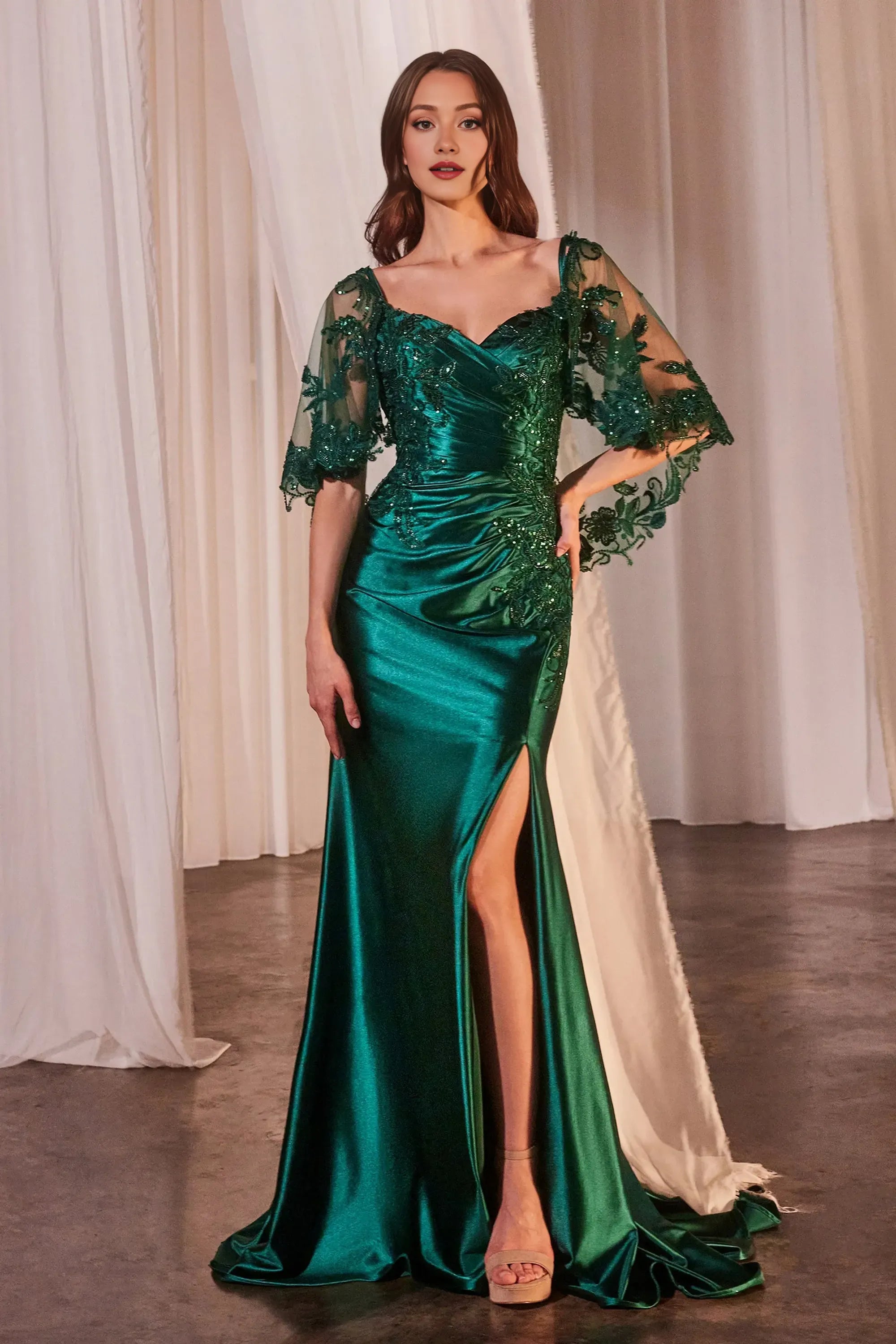 Spaghetti Straps 2 Piece Appliques Floor-Length Prom Dress With Side Slit Elegant Evening Dresses