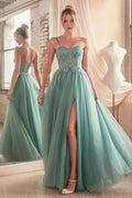 Spaghetti Straps A-line Appliques Floor-Length Prom Dress With Side Slit Up Formal Evening Dresses