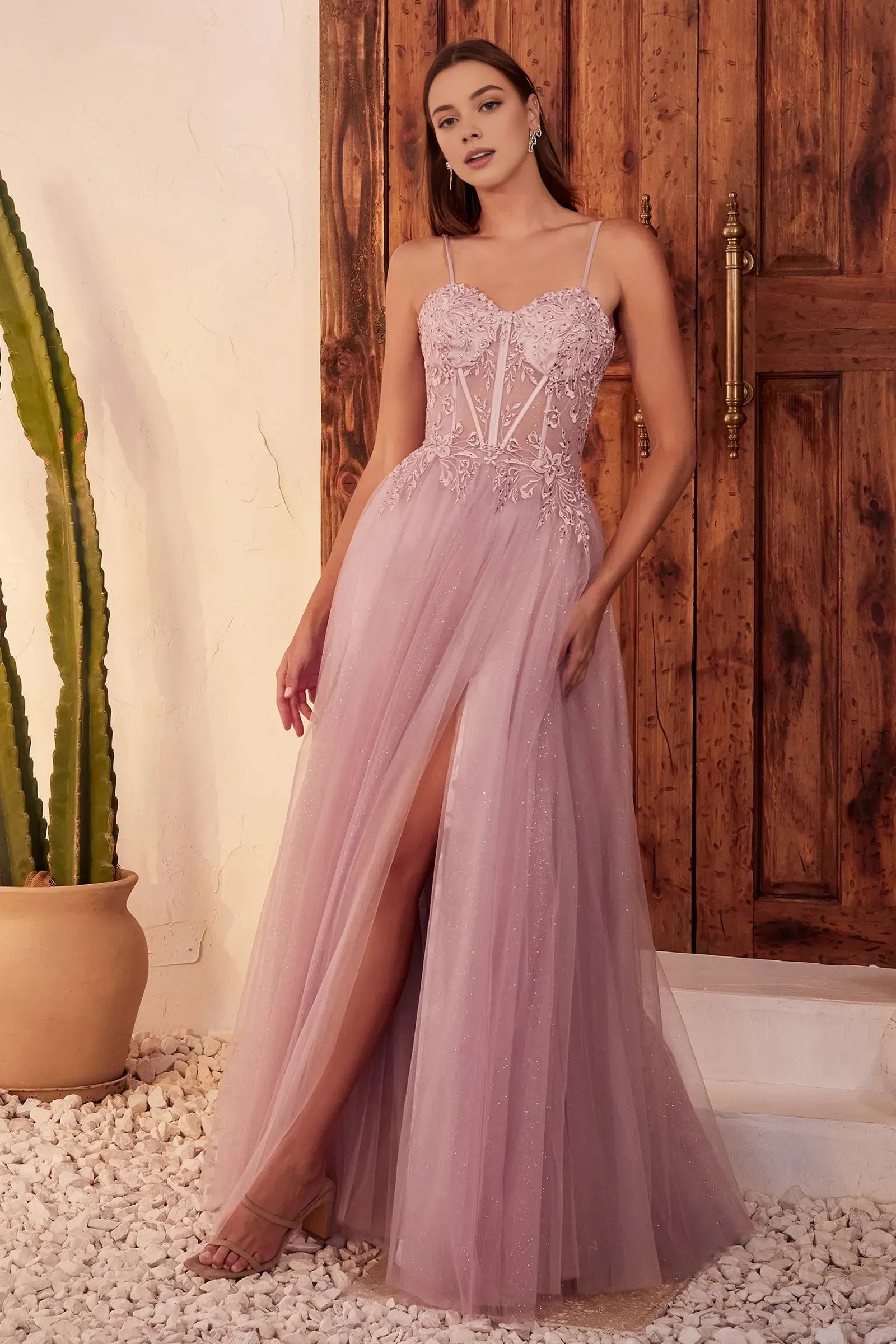 Spaghetti Straps A-line Appliques Floor-Length Prom Dress With Side Slit Up Formal Evening Dresses