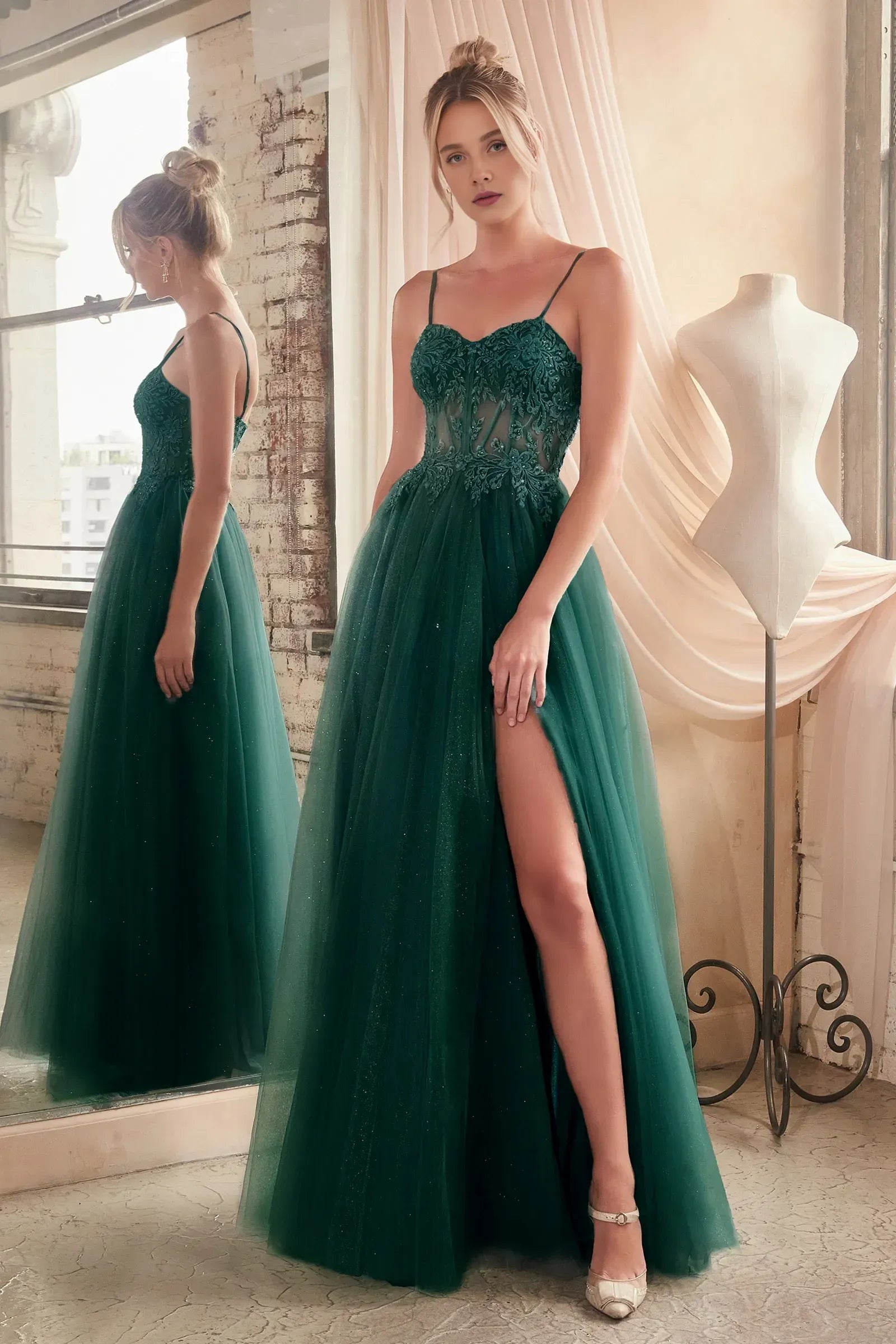 Spaghetti Straps A-line Appliques Floor-Length Prom Dress With Side Slit Up Formal Evening Dresses