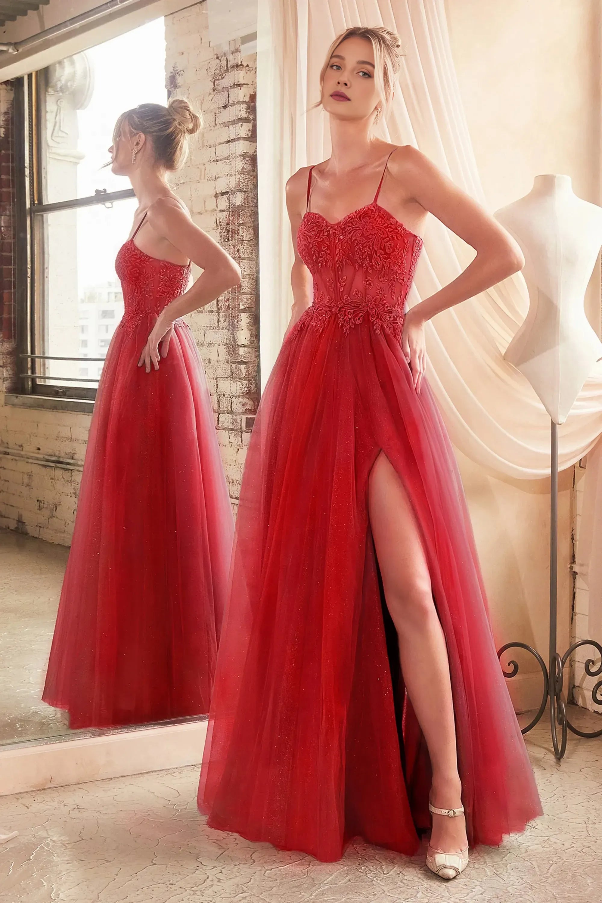 Spaghetti Straps A-line Appliques Floor-Length Prom Dress With Side Slit Up Formal Evening Dresses