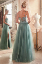 Spaghetti Straps A-line Appliques Floor-Length Prom Dress With Side Slit Up Formal Evening Dresses