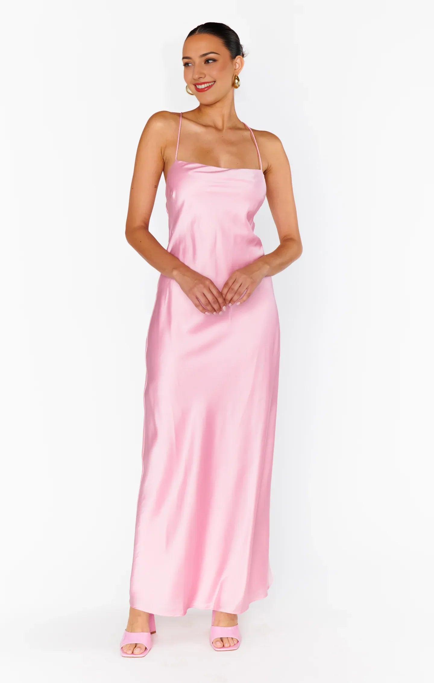 Pink Dress Spaghetti Straps Square Neck Light Maxi Dress Column Solid Color Crisscross Back Simple Prom Dress