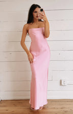 Pink Dress Spaghetti Straps Square Neck Light Maxi Dress Column Solid Color Crisscross Back Simple Prom Dress