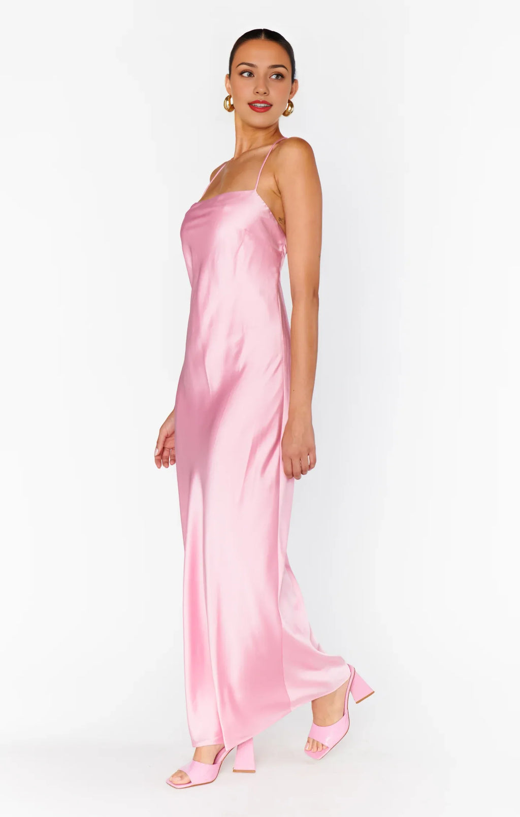 Pink Dress Spaghetti Straps Square Neck Light Maxi Dress Column Solid Color Crisscross Back Simple Prom Dress