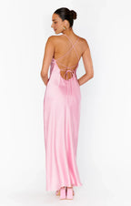 Pink Dress Spaghetti Straps Square Neck Light Maxi Dress Column Solid Color Crisscross Back Simple Prom Dress