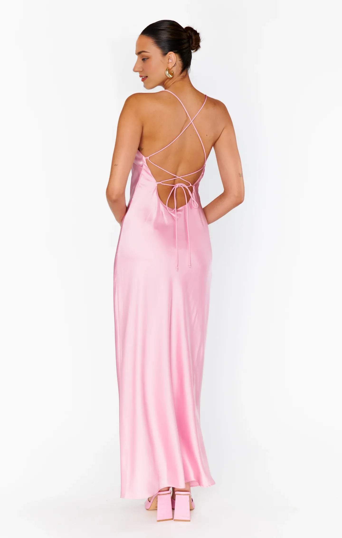 Pink Dress Spaghetti Straps Square Neck Light Maxi Dress Column Solid Color Crisscross Back Simple Prom Dress