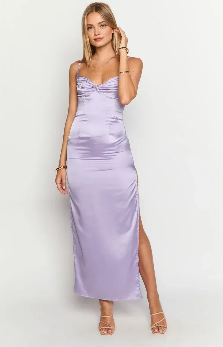 Spaghetti Straps V Neck Long Graduation Party Dresses Backless Sleeveless Pleats Formal Elegant Prom Dresses for Ladies With Slit