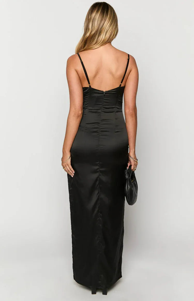 Spaghetti Straps V Neck Long Graduation Party Dresses Backless Sleeveless Pleats Formal Elegant Prom Dresses for Ladies With Slit