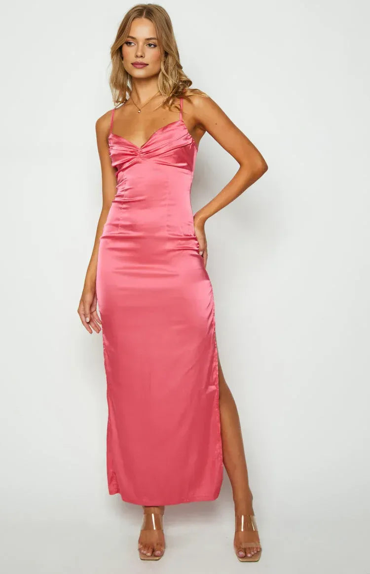 Spaghetti Straps V Neck Long Graduation Party Dresses Backless Sleeveless Pleats Formal Elegant Prom Dresses for Ladies With Slit