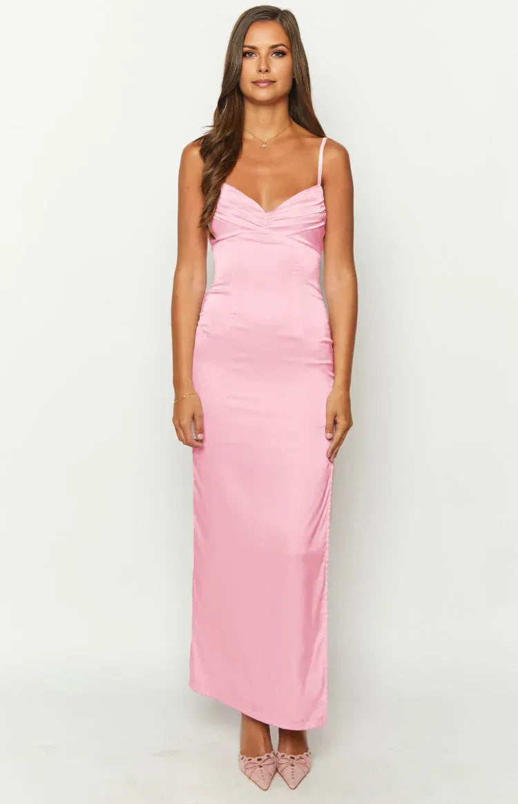 Spaghetti Straps V Neck Long Graduation Party Dresses Backless Sleeveless Pleats Formal Elegant Prom Dresses for Ladies With Slit