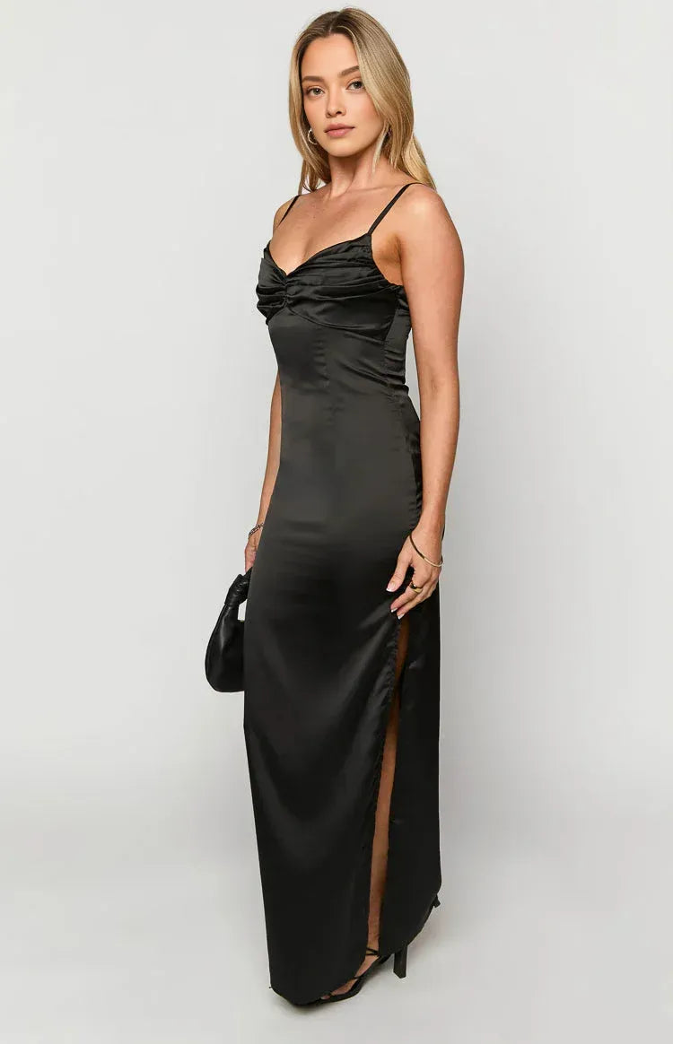 Spaghetti Straps V Neck Long Graduation Party Dresses Backless Sleeveless Pleats Formal Elegant Prom Dresses for Ladies With Slit