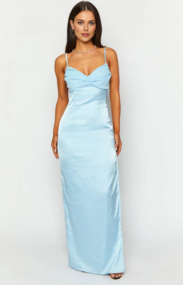 Spaghetti Straps V Neck Long Graduation Party Dresses Backless Sleeveless Pleats Formal Elegant Prom Dresses for Ladies With Slit