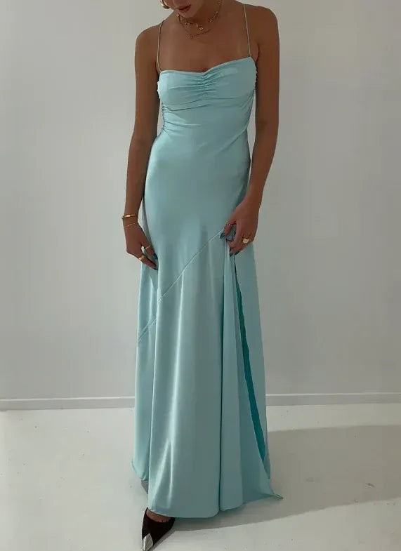 Spaghetti Strps Yellow Slit Long Prom Dress