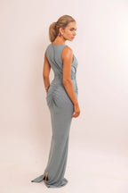 Sparkle Textured Mermaid V Neck Sleeveless Ruched Back Train Floor Length Hot sale Prom Dress