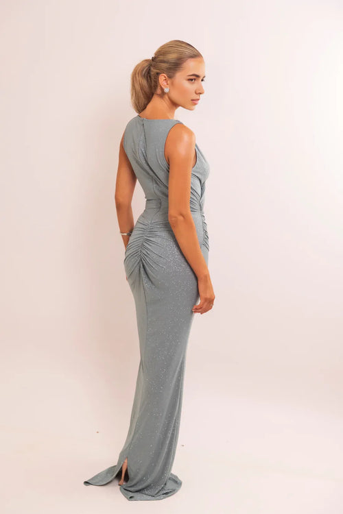 Sparkle Textured Mermaid V Neck Sleeveless Ruched Back Train Floor Length Hot sale Prom Dress
