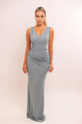 Sparkle Textured Mermaid V Neck Sleeveless Ruched Back Train Floor Length Hot sale Prom Dress