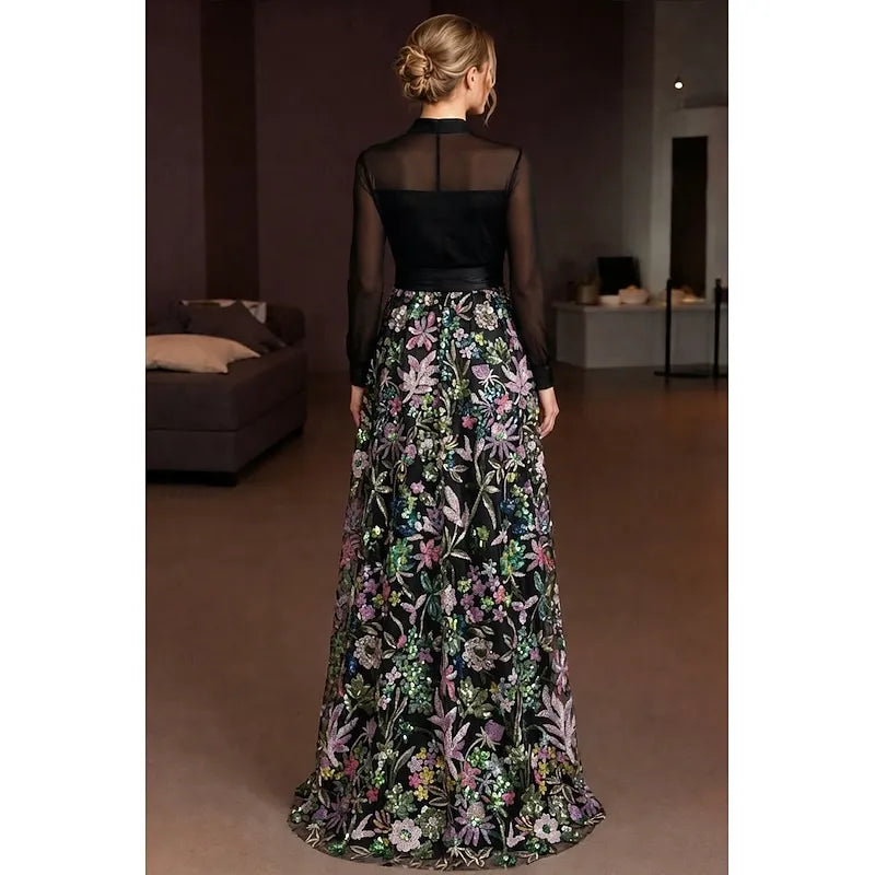 Sparkle A-Line Long Sleeve V Neck Sequins Floor-Length Mother Of The Bride Dress