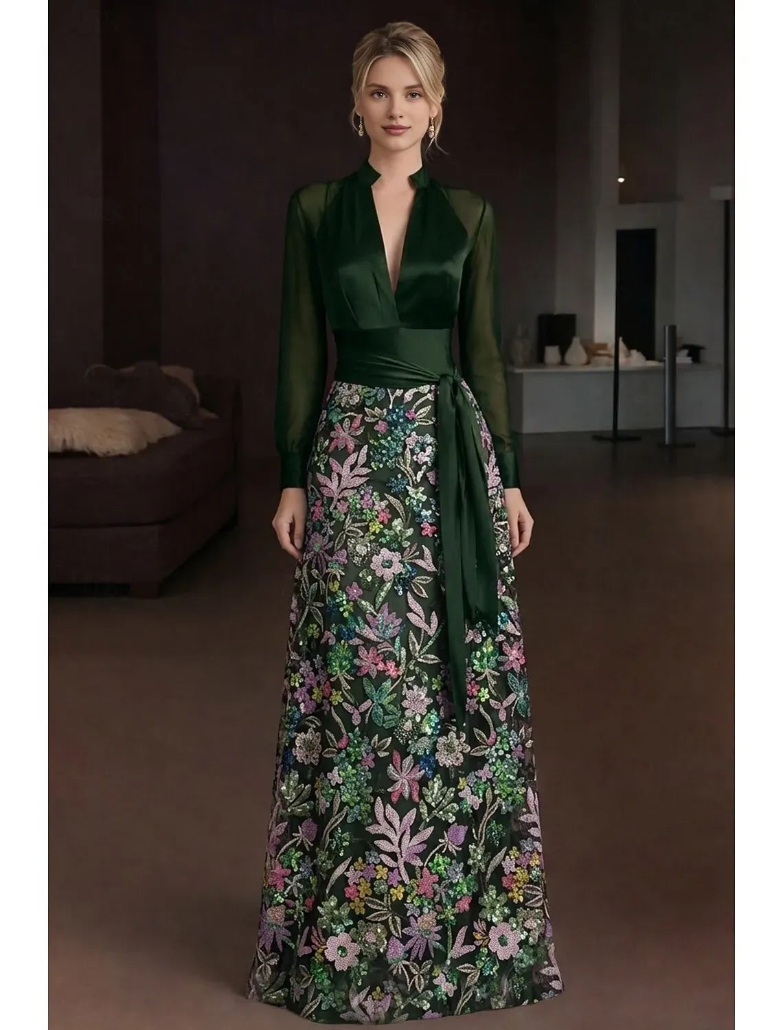Sparkle A-Line Long Sleeve V Neck Sequins Floor-Length Mother Of The Bride Dress