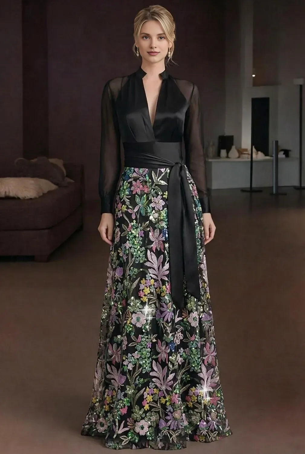 Sparkle A-Line Long Sleeve V Neck Sequins Floor-Length Mother Of The Bride Dress