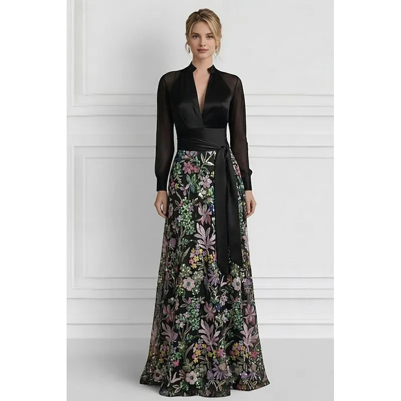 Sparkle A-Line Long Sleeve V Neck Sequins Floor-Length Mother Of The Bride Dress
