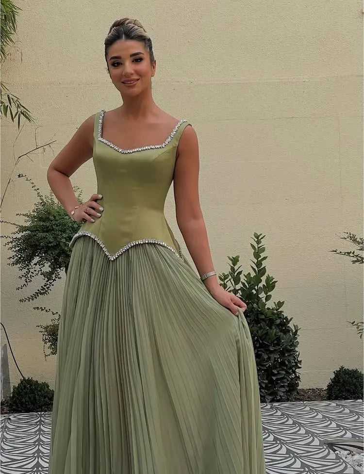 Sage Beaded A-Line Prom Dress With Square Neckline Satin Corset Bodice For Prom Queens Luxurious Sparkle Gown