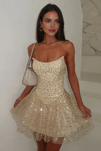 Sparkle A-Line Sweetheart Sleeveless Sequins Zipper Up Tiered Short-Mini Homecoming Dress