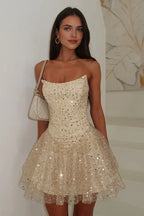 Sparkle A-Line Sweetheart Sleeveless Sequins Zipper Up Tiered Short-Mini Homecoming Dress