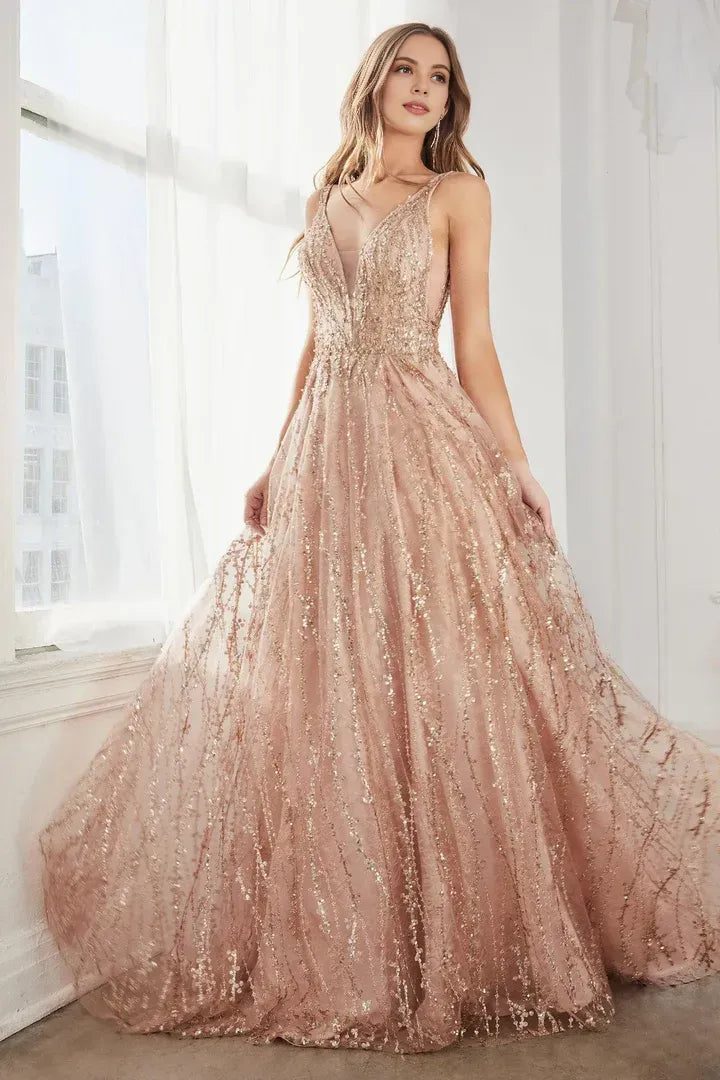 Sparkle A-Line V Neck Sleeveless Backless Floor-Length Prom Dress