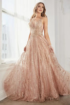 Sparkle A-Line V Neck Sleeveless Backless Floor-Length Prom Dress