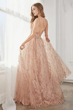 Sparkle A-Line V Neck Sleeveless Backless Floor-Length Prom Dress