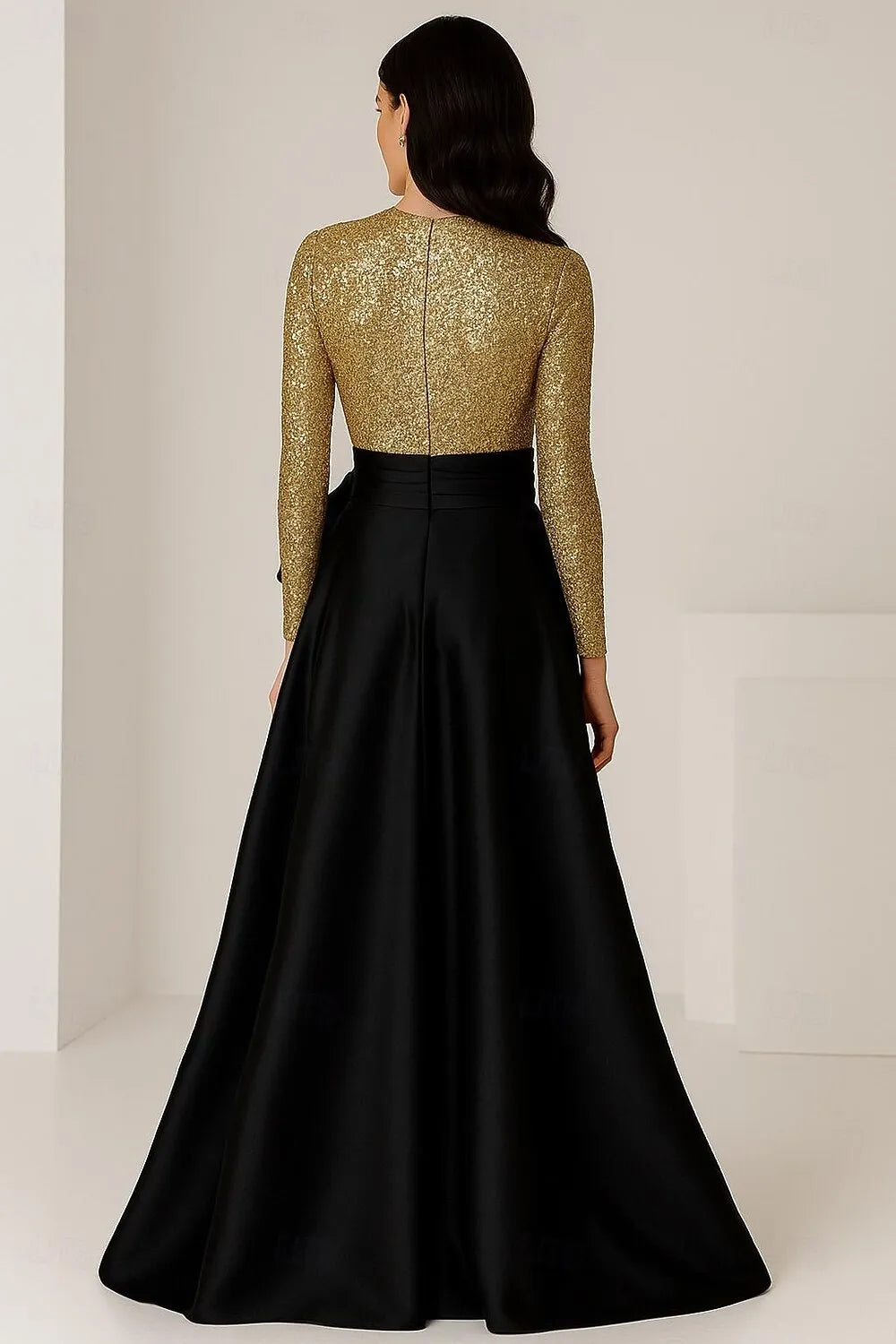 Sparkle Ball Gown Long Sleeve Crew Neck Sequins Bow Floor-Length Evening Dress