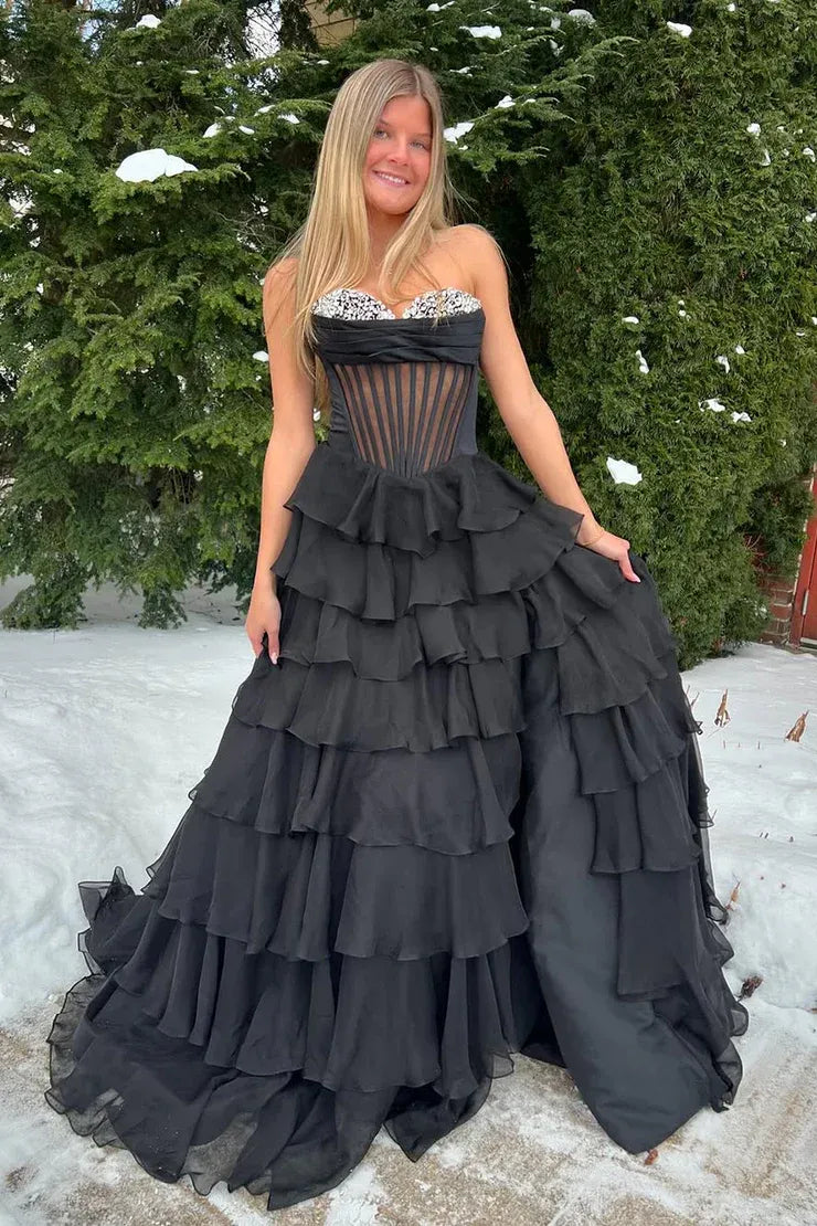 Sparkle Beaded Sweetheart Sleeveless Empire A-Line Tiered Long Prom Dress