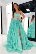 Sparkle Beaded Sweetheart Sleeveless Empire A-Line Tiered Long Prom Dress