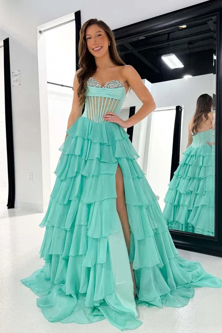 Sparkle Beaded Sweetheart Sleeveless Empire A-Line Tiered Long Prom Dress