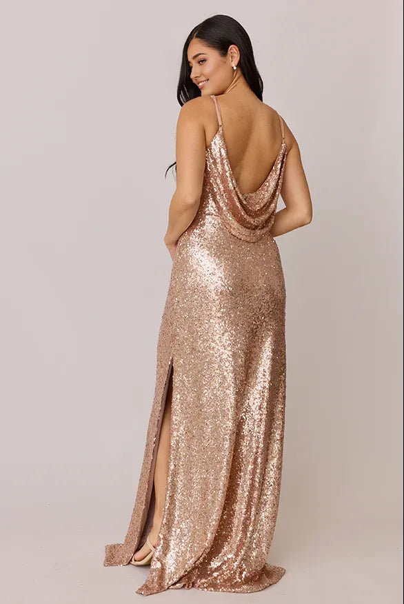 Sparkle Fitted Cowl Neck Sleeveless Floor-Length Prom Dress