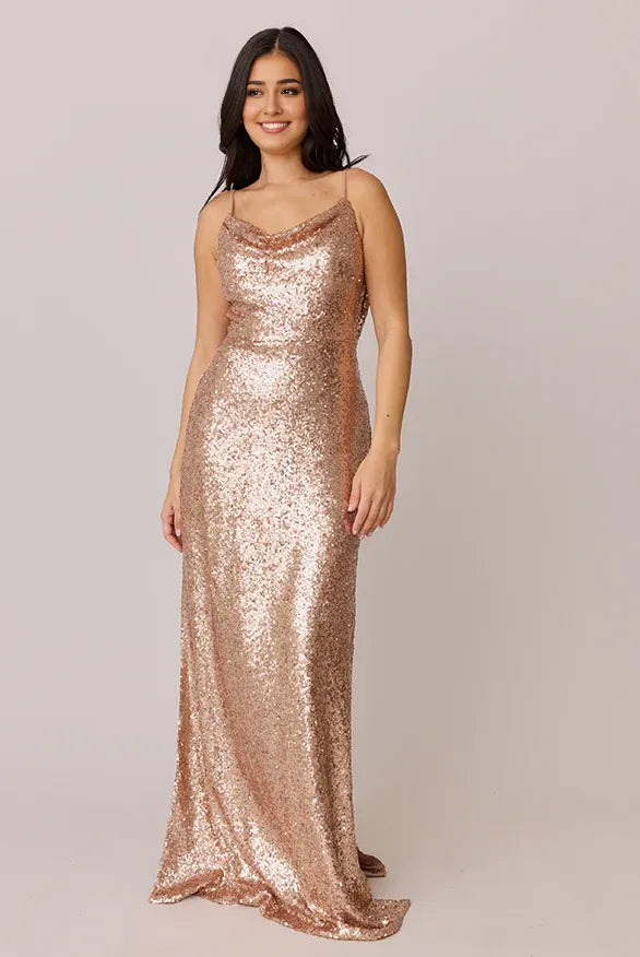 Sparkle Fitted Cowl Neck Sleeveless Floor-Length Prom Dress